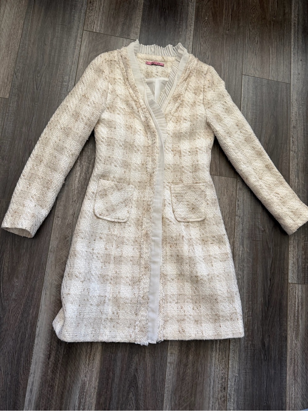Cream Checked Tweed Trench Coat - Elegant Longline Style